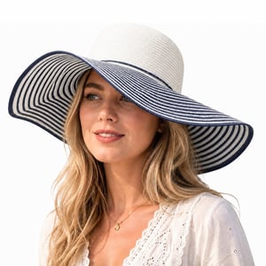 Ladies Wide Brim Striped Sun Hat Foldable Adjustable Beach Hat in Navy