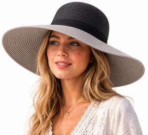Women’s Colour Block Wide Brim Sun Hat Adjustable Beach Hat in Grey