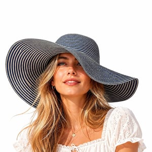 Ladies Extra Wide Brim Striped Sun Hat Foldable Summer Beach Hat in Navy