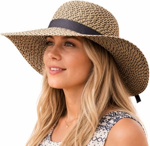 Ladies Wide Brim Woven Sun Hat Adjustable Summer Beach Hat in Tan