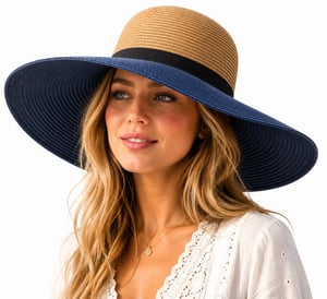 Women’s Colour Block Wide Brim Sun Hat Adjustable Beach Hat in Navy