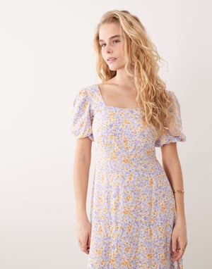 Nobody's Child puff sleeve midi dress in lilac and yellow