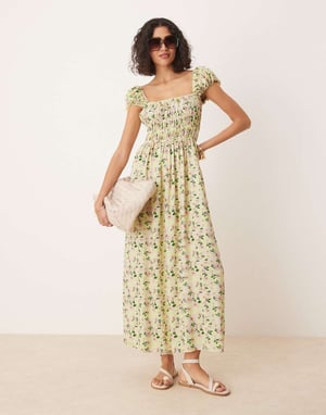 ASOS DESIGN square neck midi dress with cinched channel waist in floral print