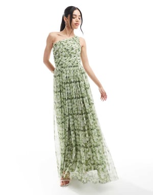 Lace & Beads one shoulder maxi dress in olive floral