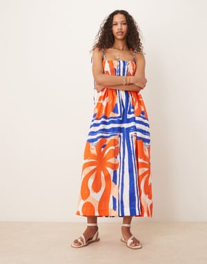 ASOS DESIGN shirred bust cotton sateen maxi dress in red and blue abstract print