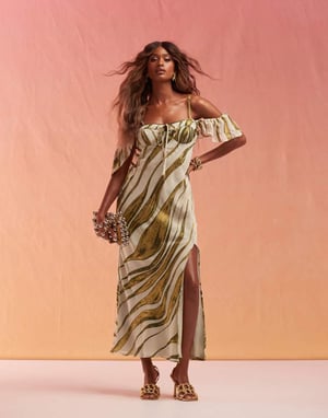 ASOS DESIGN devore cupped cami maxi dress with frill sleeve in green stripe print