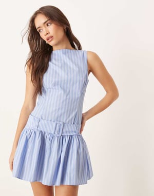 ASOS DESIGN drop waist mini dress with belt detail in blue stripe