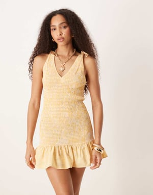 ASOS DESIGN tie strap shirred mini dress in yellow check