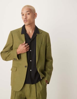 ASOS DESIGN premium 100% linen slim suit jacket in green