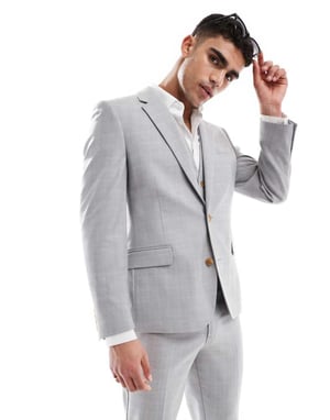 ASOS DESIGN linen blend skinny suit jacket in grey tonal check