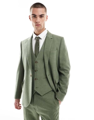 ASOS DESIGN slim suit jacket with wool in green herringbone