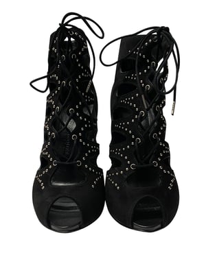Alexander McQueen Cut Out Studded Lace Up Boots in Black Suede