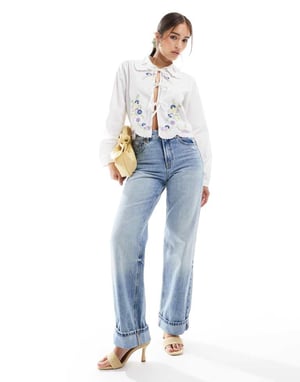 Object tie front shirt with floral embroidery in white