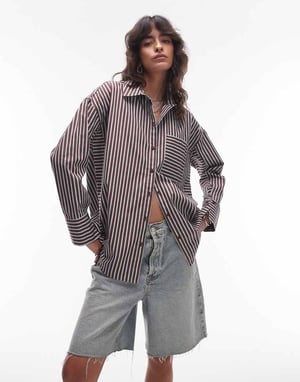 Topshop oversized skjorta i brunt och blått randig