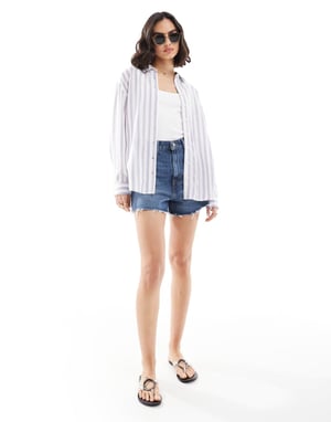 ASOS DESIGN linneblandning skjorta i blå och vit rand