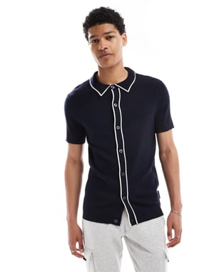 French Connection tipped knitted button through polo in navy and ecru