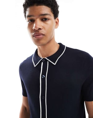 French Connection tipped knitted button through polo in navy and ecru