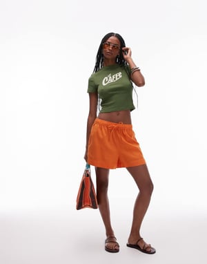 Topshop high rise drawcord linen shorts in orange
