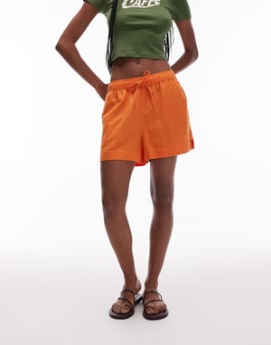 Topshop high rise drawcord linen shorts in orange