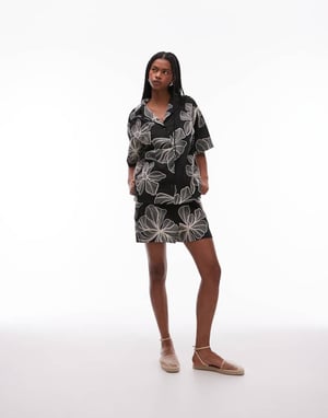 Topshop co ord linen stitch detail floral shorts in mono