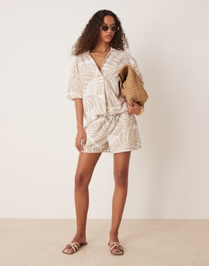 Vila high waist short co-ord in oversized tonal leaf print