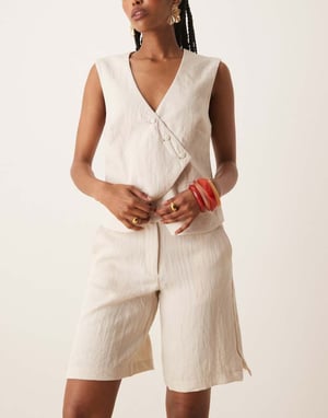 Vila tailored high waist longline short co-ord in birch cream