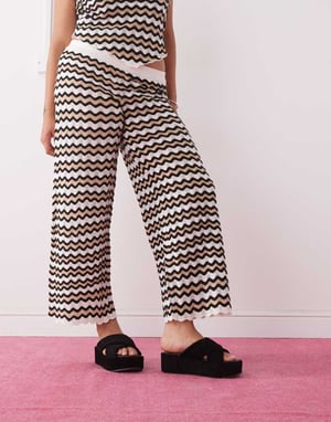 Noisy May Curve loose fit crochet trouser co-ord in black & beige wave