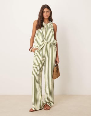 ASOS DESIGN straight leg seersucker trousers co-ord in khaki stripe