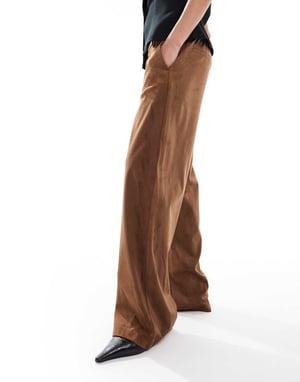 Object premium faux suede wide leg trousers in camel