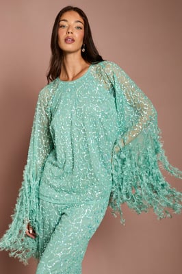 Sequin And Feather Trim Cape Top