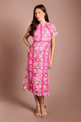 Petite Printed Lace Midi Pencil Dress
