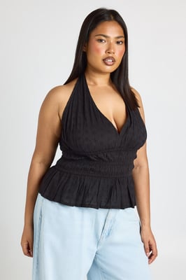 Plus Broidery Shirred Halterneck Top