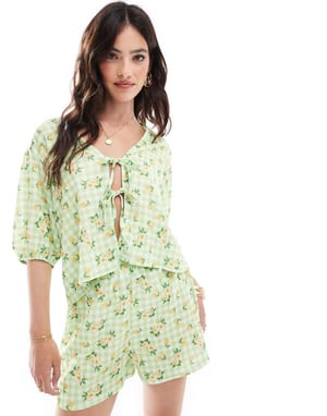 ASOS DESIGN knytframskjorta set i grön rutigt blommönster