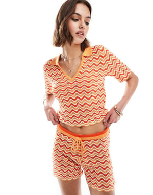 Noisy May stickad polo-set i orange våg