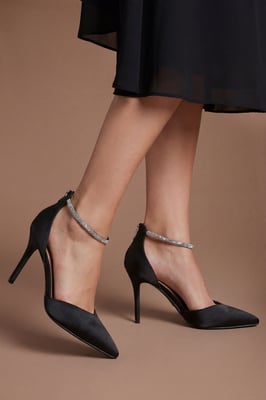 Sicily Satin Diamante Ankle Strap Comfort Sock Pointed Court Shoes