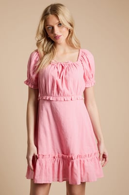 Tie Detail Puff Sleeve Cotton Mini Dress