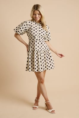 Mono Spot Puff Sleeve Dropped Waist Shirt Mini Dress
