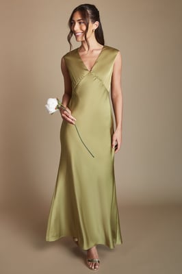 Olive Satin Open Back Detail Maxi Bridesmaid Dress