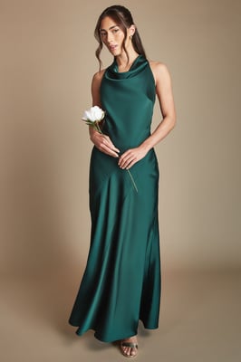Emerald Cowl Halterneck Satin Maxi Bridesmaid Dress
