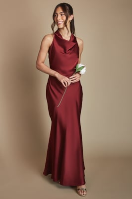 Wine Cowl Halterneck Satin Maxi Bridesmaid Dress