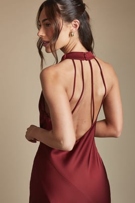 Wine Cowl Halterneck Satin Maxi Bridesmaid Dress
