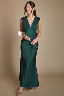 Emerald Satin Open Back Detail Maxi Bridesmaid Dress