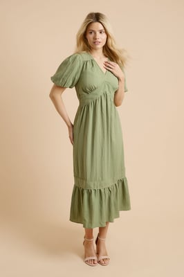 Bubble Sleeve Trim Detail Midi Dress