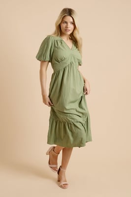 Bubble Sleeve Trim Detail Midi Dress