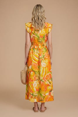 Fruit Frill Neckline Lace Detail Printed Midi Dress