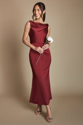 Wine Cowl Neck Open Back Midi Bridesmaid Dress