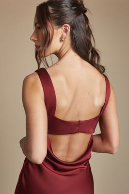 Wine Cowl Neck Open Back Midi Bridesmaid Dress