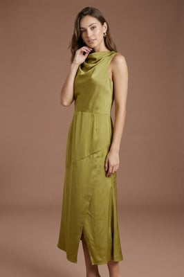 Cowl Neck Sleeveless Satin Midi Dress