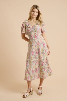 Pink Floral Angel Sleeve Frill Neckline Lace Trim Midaxi Dress