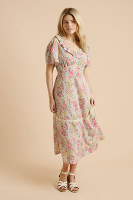 Pink Floral Angel Sleeve Frill Neckline Lace Trim Midaxi Dress
